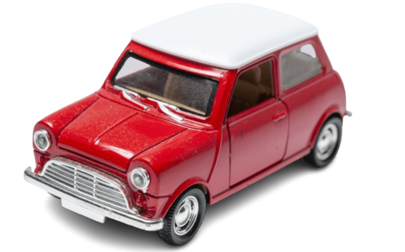Red and white classic toy car model.