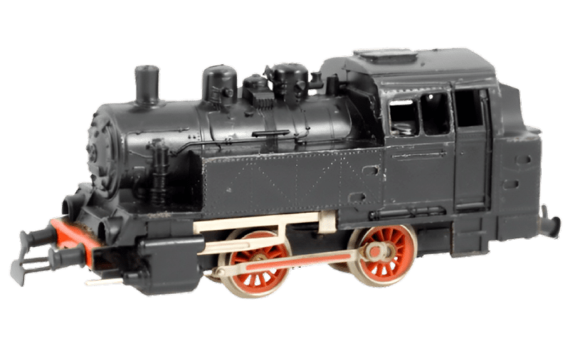 Black model steam locomotive with red wheels.
