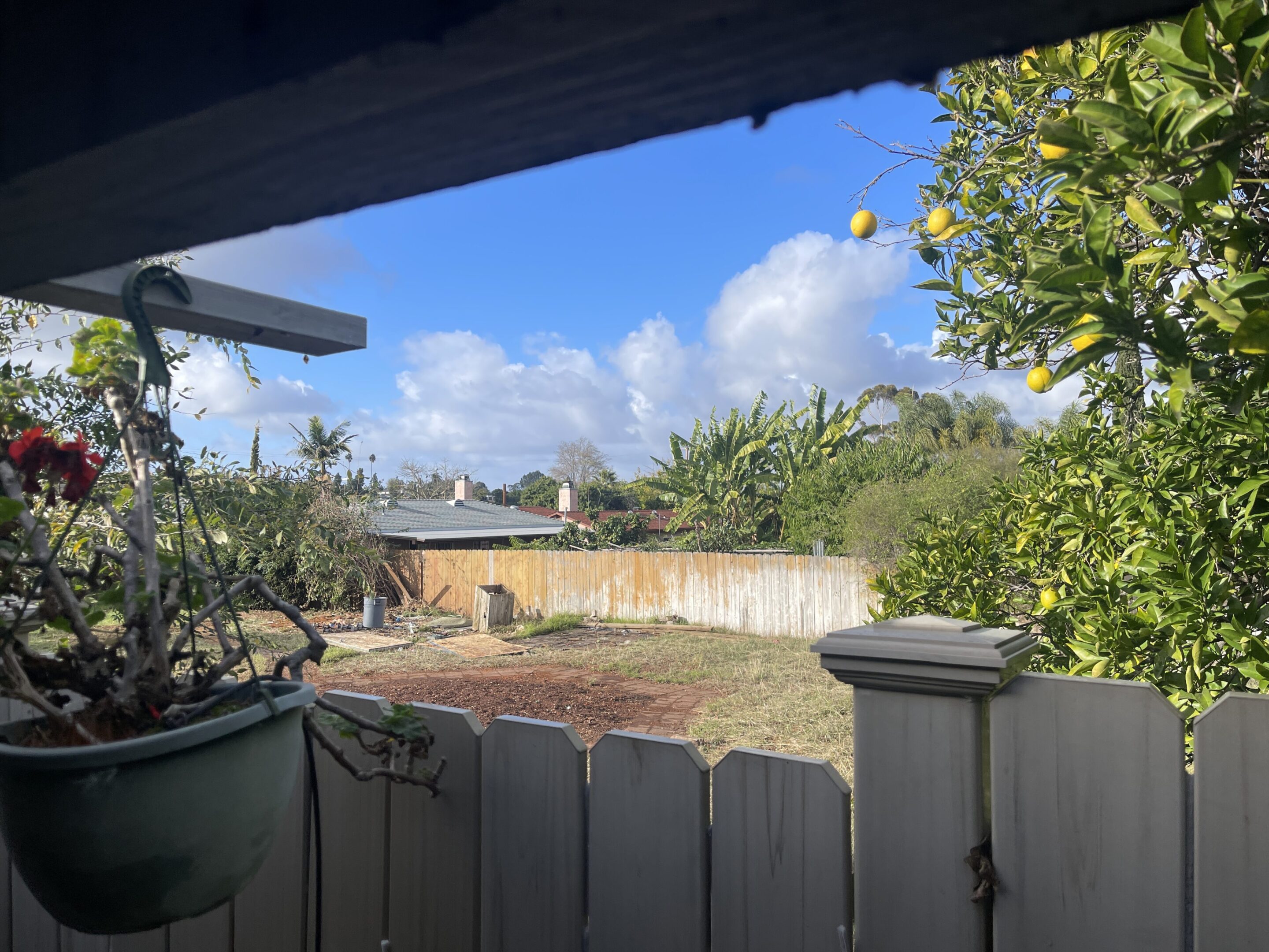 Backyard view with clear skies and scattered clouds.