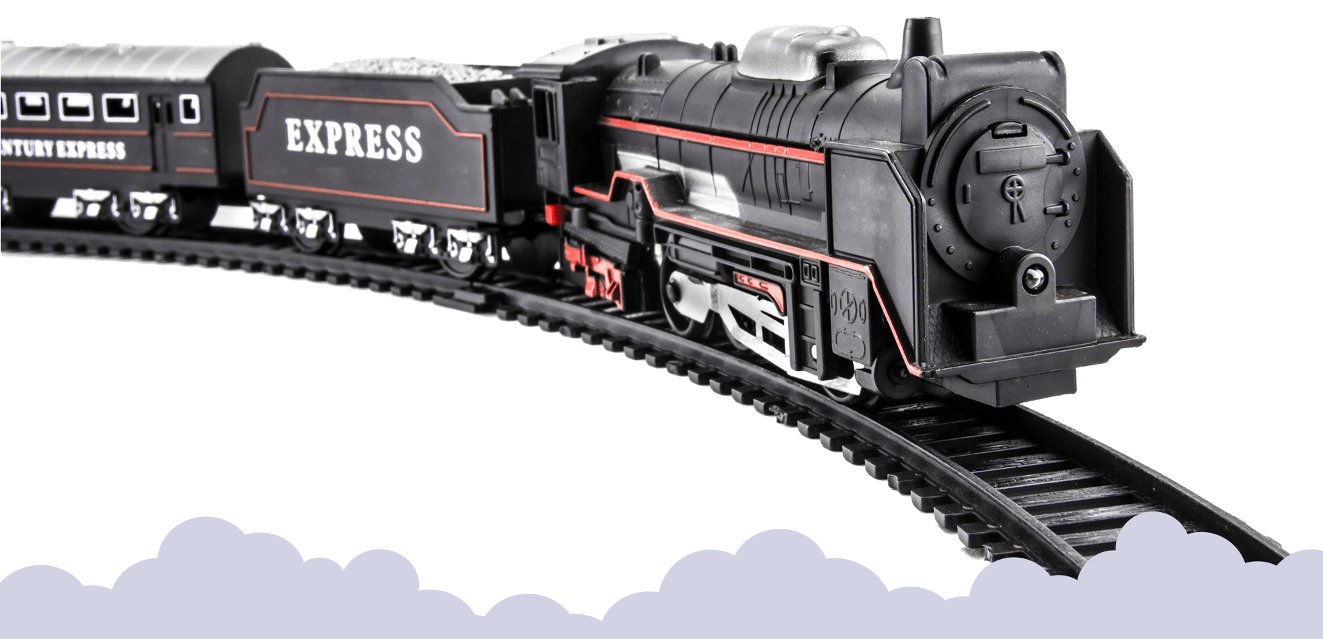 A detailed black model steam locomotive on curved railroad tracks.