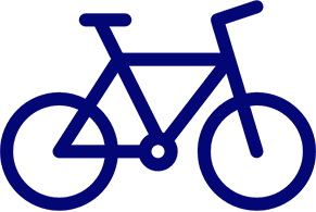 Minimalist bicycle icon in dark blue.