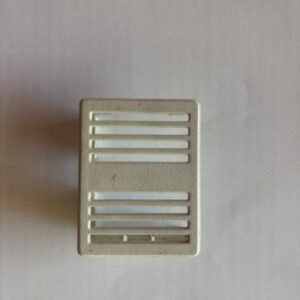 White rectangular vent cover with horizontal slats on a plain background.