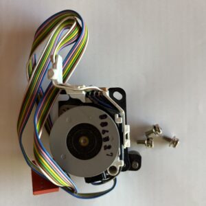 Stepper motor with attached multicolored wires and a metal bracket.