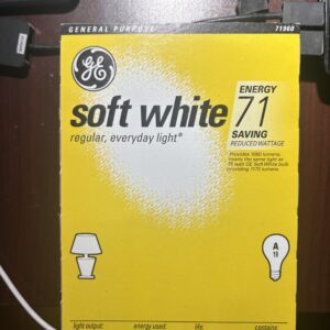 Box of GE Soft White light bulbs with energy saving features.