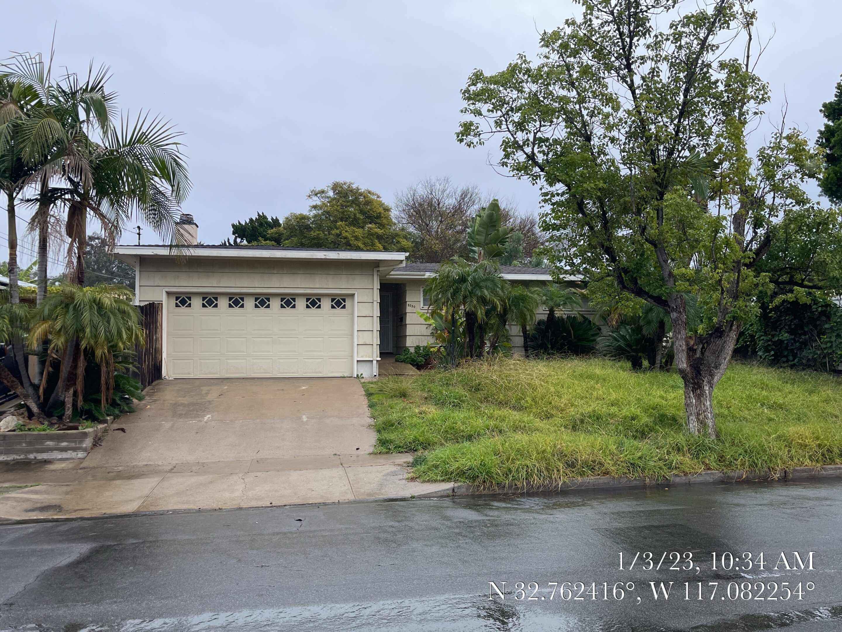 Overgrown front yard of a suburban house with a two-car garage.