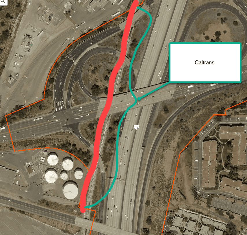 Aerial view of a highway with marked paths and a camera location.