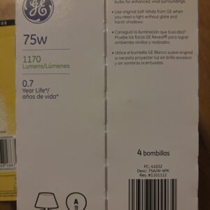Packaged 75W GE light bulb with specifications and usage instructions.