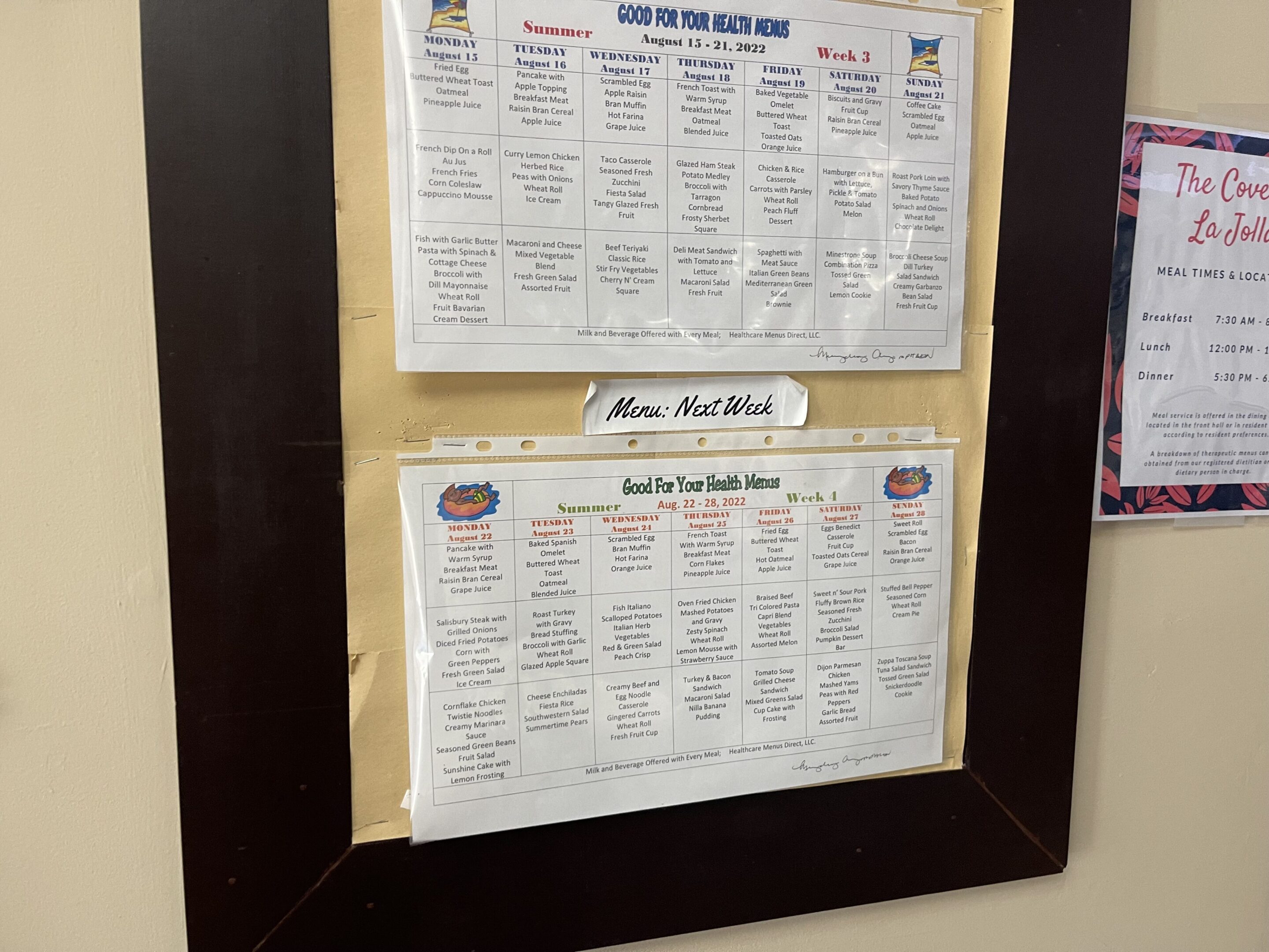 Photo of a framed menu with detailed food options.